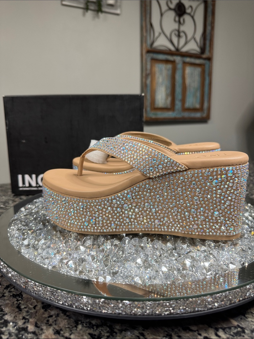 INC International Concepts Lolif Nude/Tan bling Rhinestone Wedge Thong Sandals
